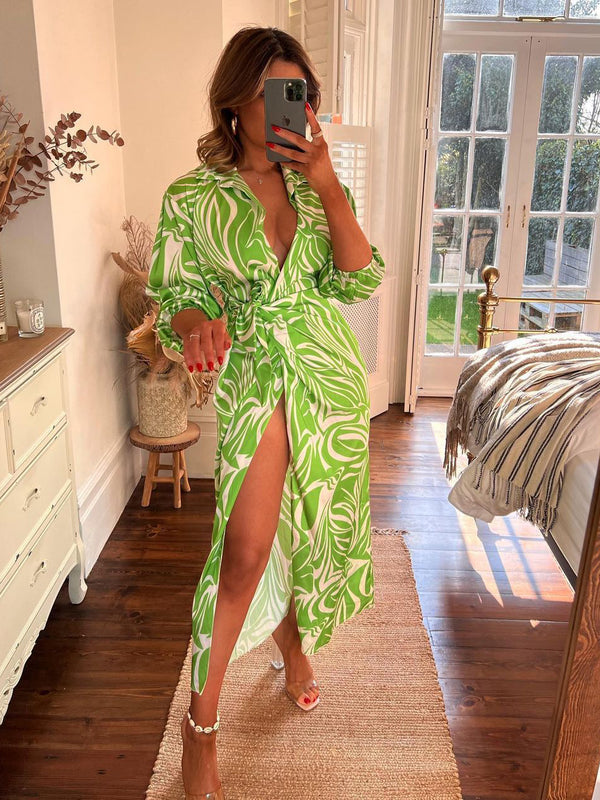 Casual Deep V Neck Long Sleeve SIde Split Maxi Dress