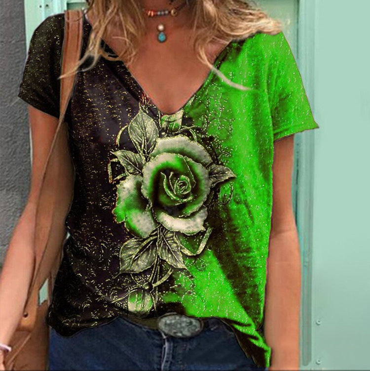 Classic Short Sleeve V Neck Floral T Shirt