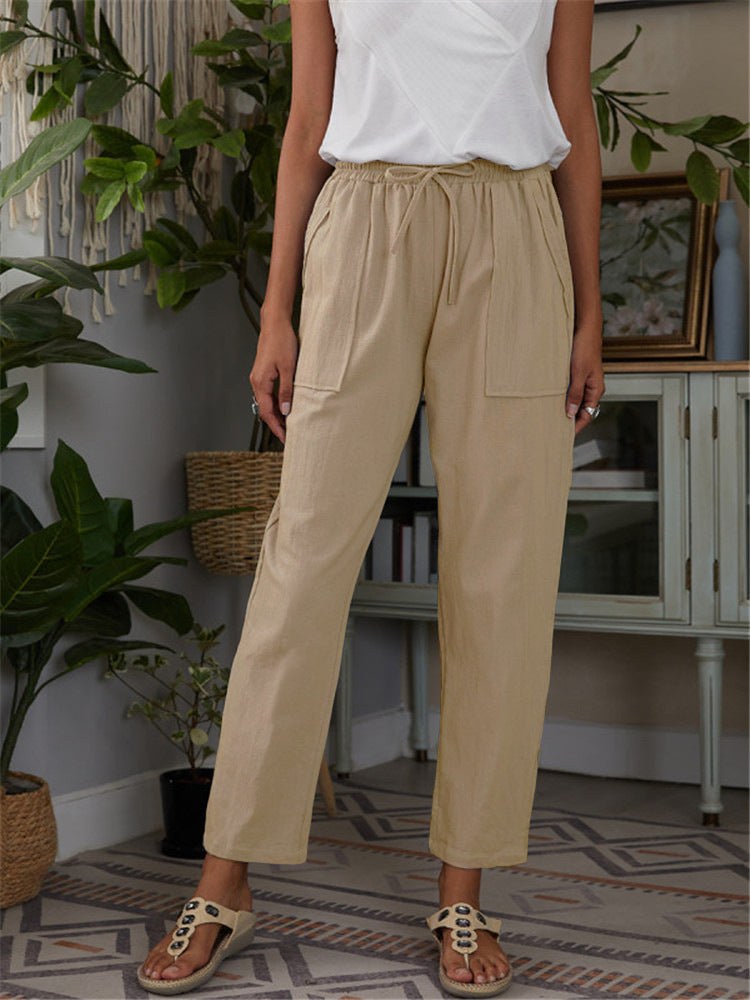 Draw String High Waist Solid Color Pants