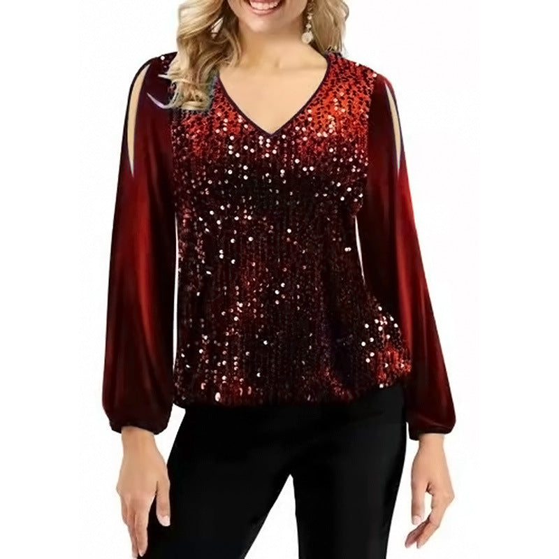 Casual V Neck Long Sleeve Sequins Blouse Top