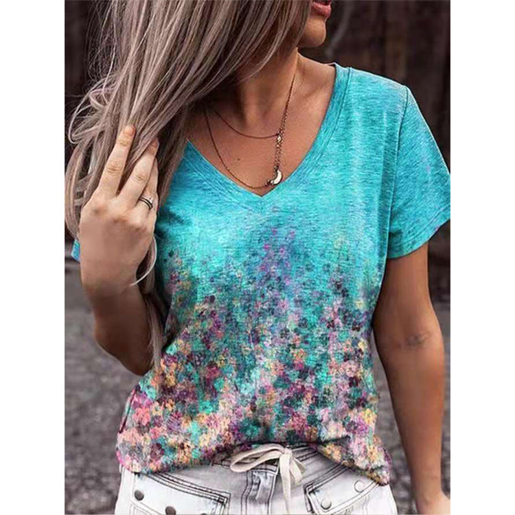 Floral Short Sleeve V Neck T Shirt Top