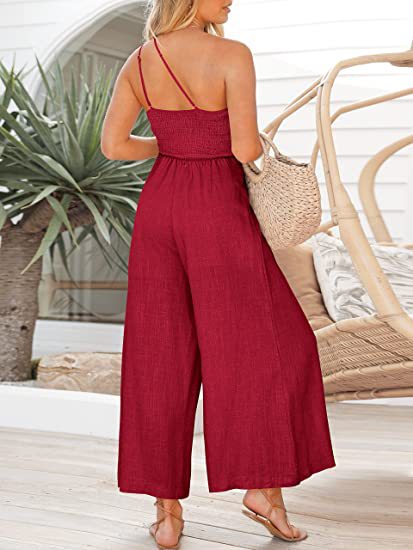 One Shoulder Wide Leg Solid Color Jumpsuit