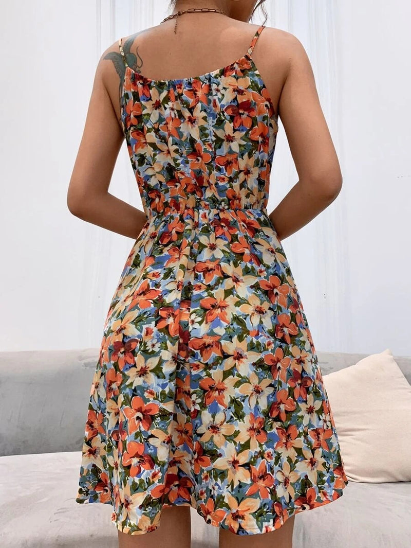 Sleeveless Spaghetti Strap Printed Flared Mini Dress