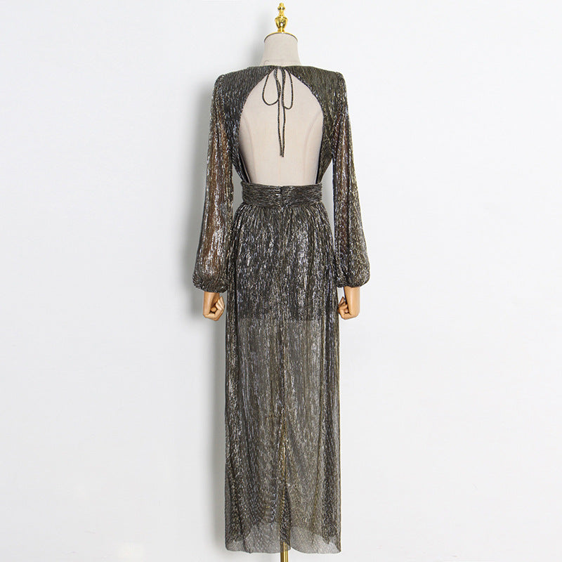 Backless Deep V Neck Long Sleeve Sequins Maxi Dress