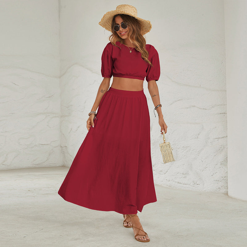 Short Sleeve O-Neck Solid Color Belted Flared Maxi Dress