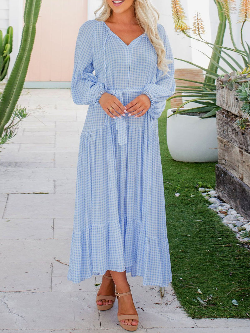 Long Sleeve Round Neck Plaid Maxi Dress