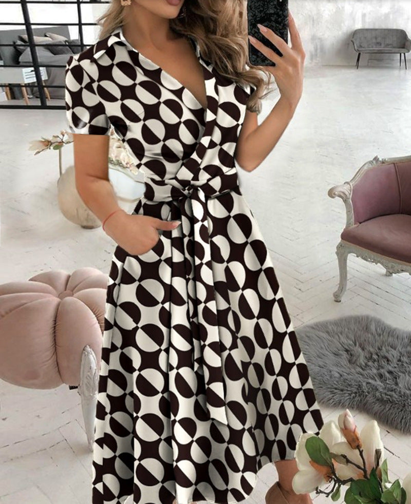 Cross V Neck Waist Tie Short Sleeve Midi Dress