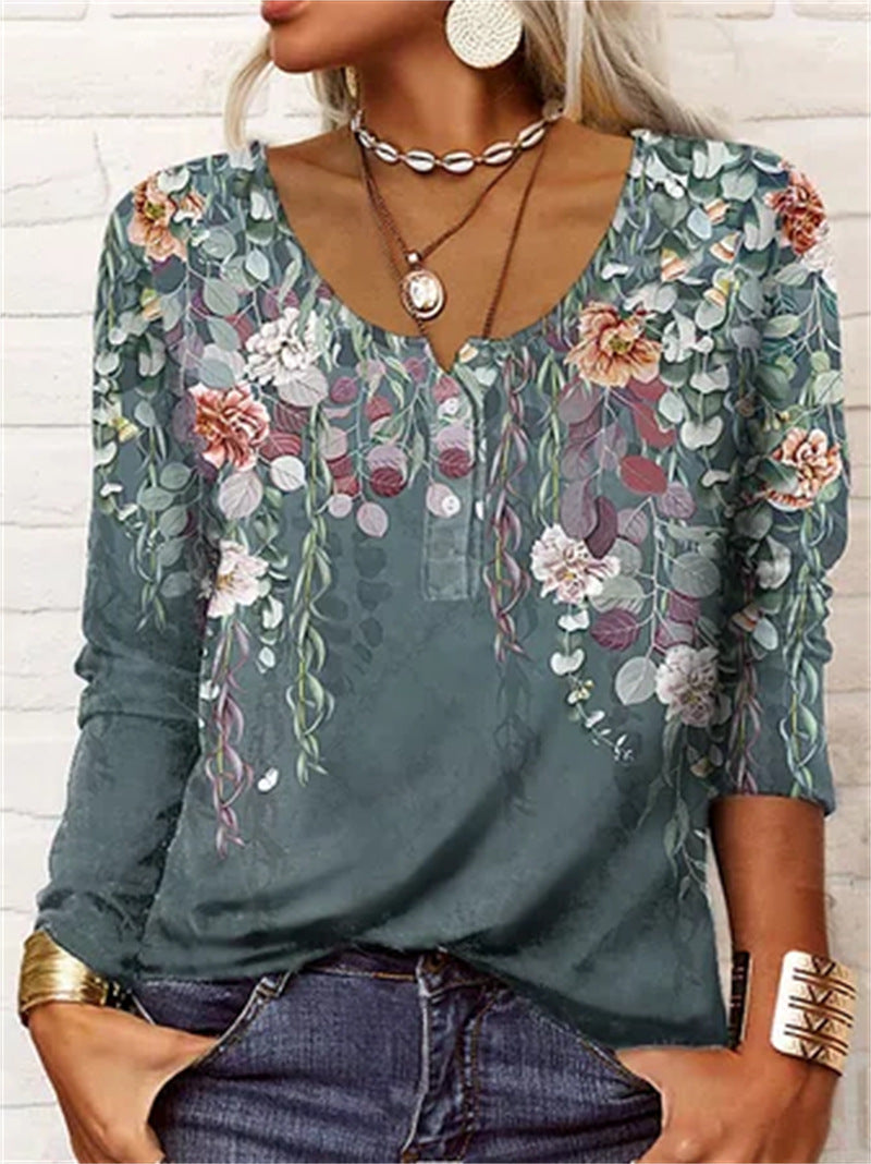 Scoop Neck Long Sleeve Printed Blouse Top