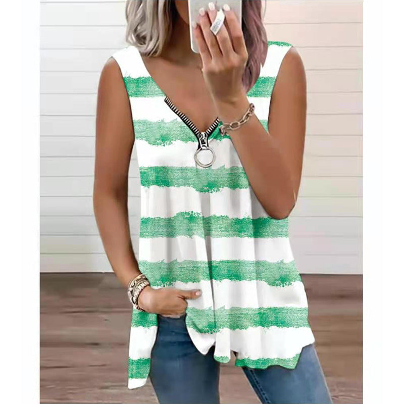 Zip Up Sleeveless Tank Blouse Top