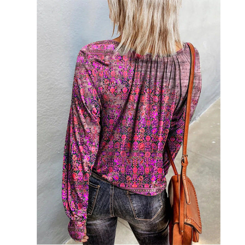 Casual Long Sleeve Scoop Neck Floral Blouse Top