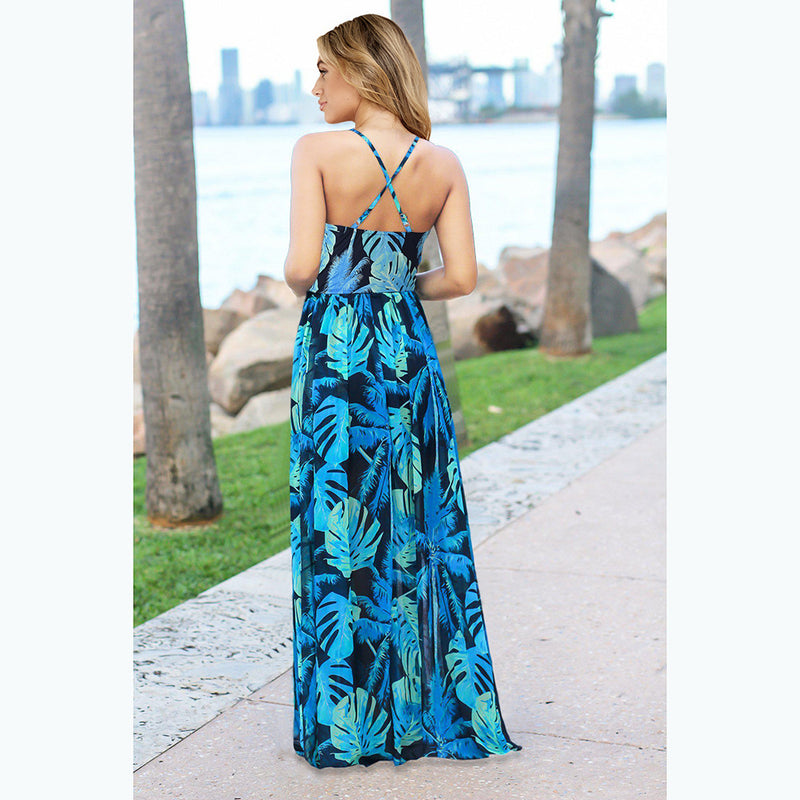 Elegant V-Neck Spaghetti Strap Printed Maxi Dress