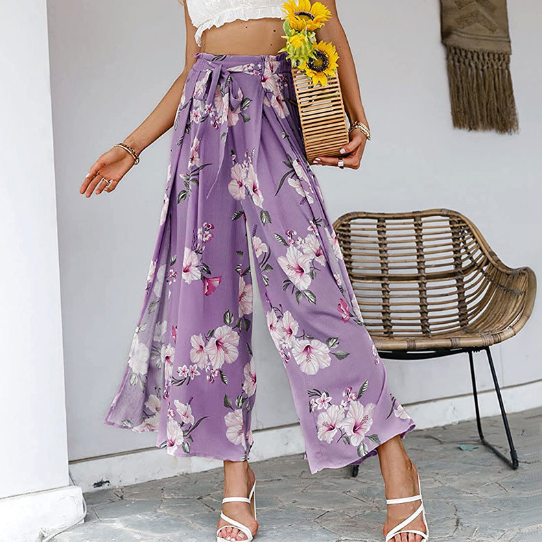 Classic Floral Solid Waist Tie Long Wide Leg Pants