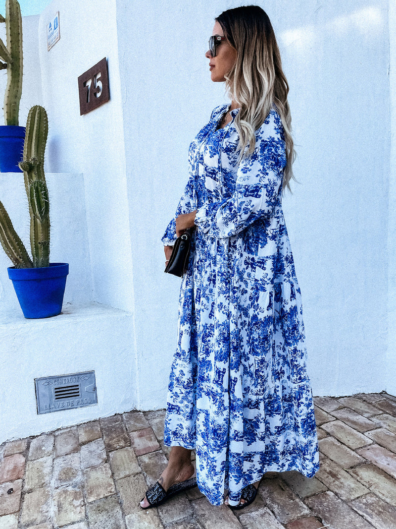 Long Sleeve V Neck Floral Loose Maxi Dress