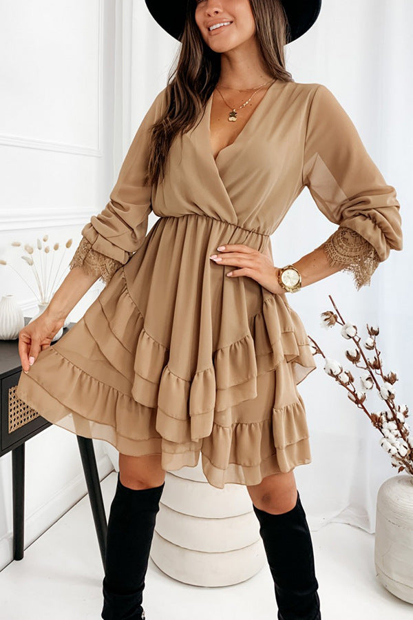 Cross V Neck Solid Color Mini Dress