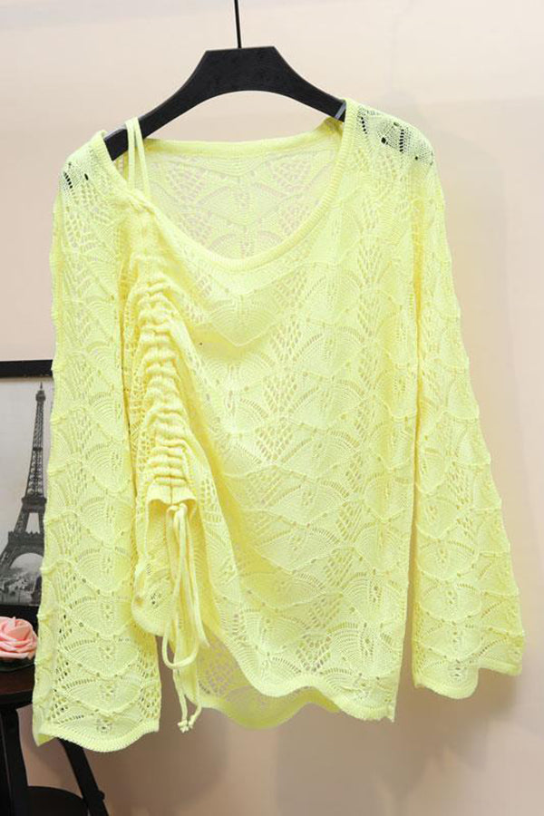 Hollow Dew Shoulder Drawstring Sweater