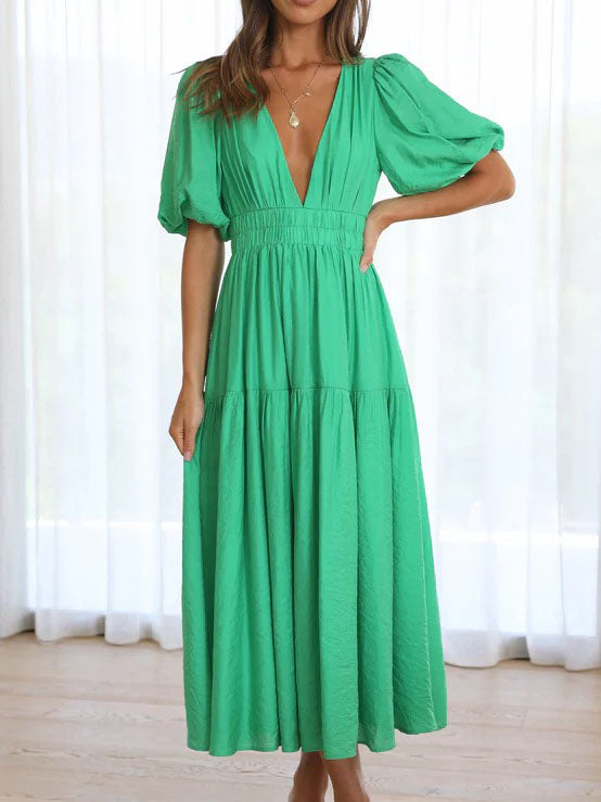 Deep V-Neck Short Sleeve Solid Color Maxi Dress