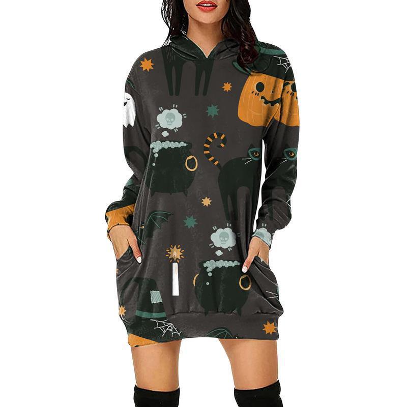 Casual Long Sleeve Graphic Print Hoodie Sweatshirt Mini Dress