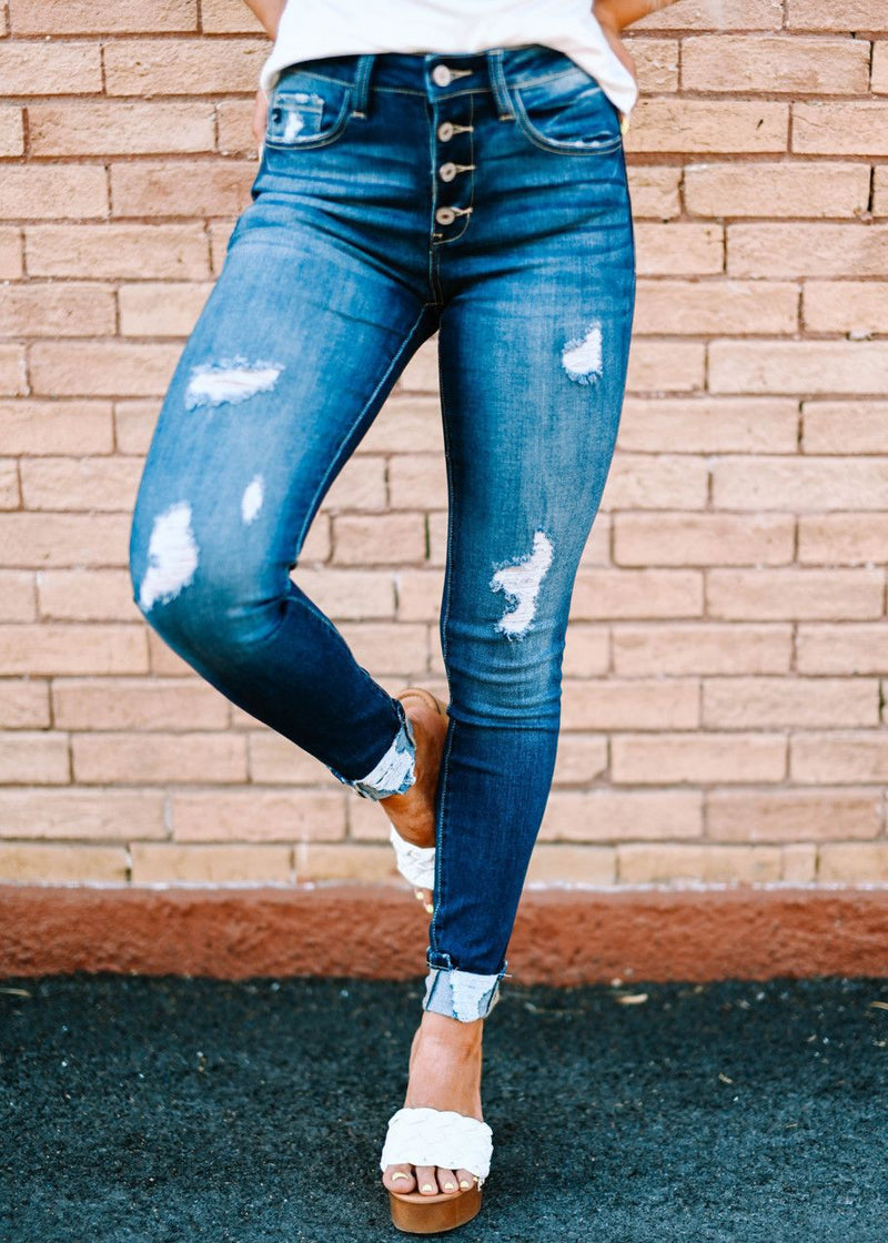 Stretchy High Waist Pocketed Ripped Denim Pants