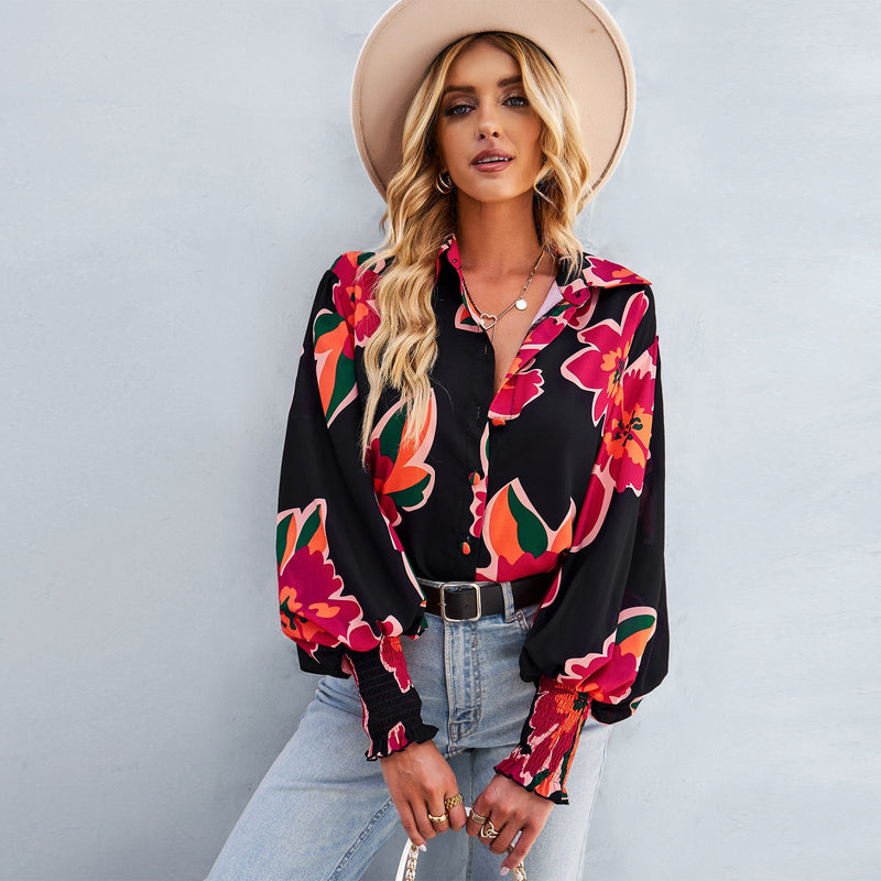 Loose Floral Print Long Sleeve Button Down Top Shirt