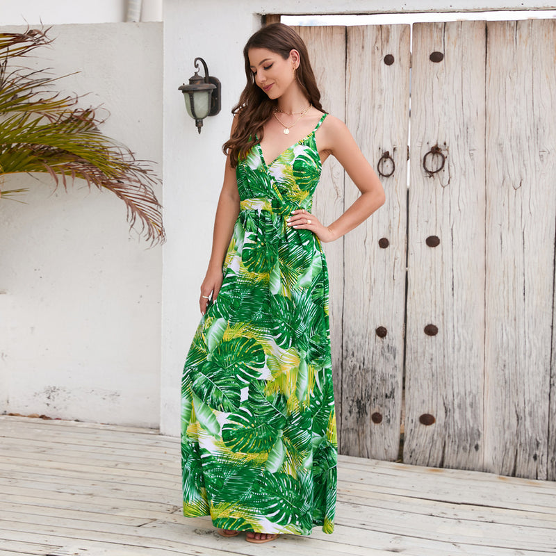 Spaghetti Strap V-Neck Printed Pleated Maxi Dress