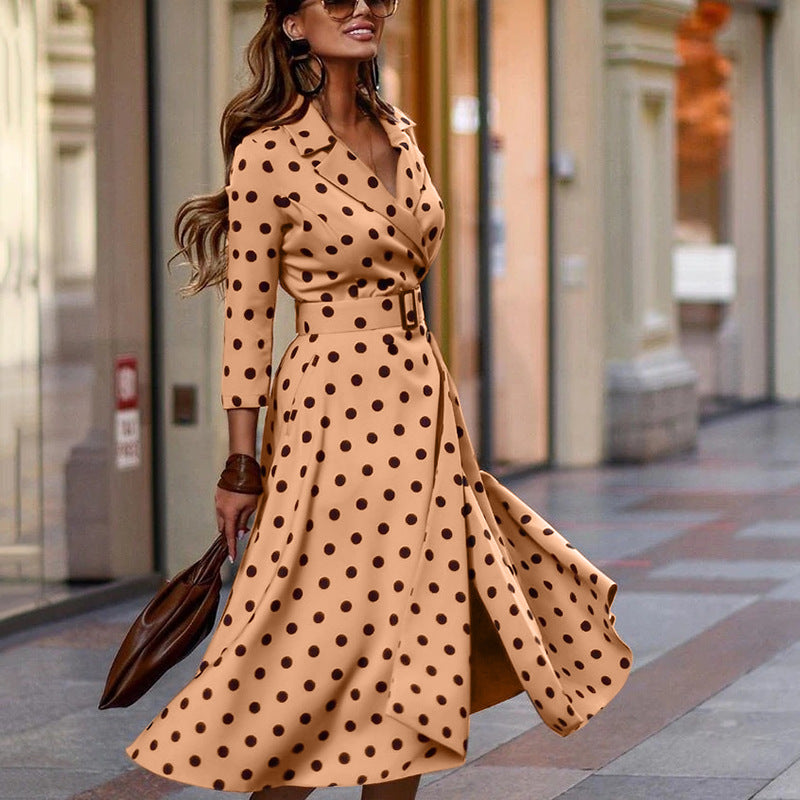 Polka Dot Turndown Collar Belted Maxi Dress