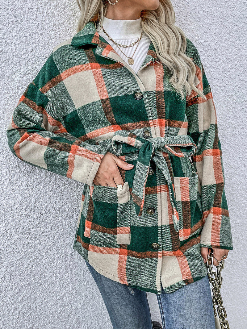 Front Wrap Button Down Plaid Shacket