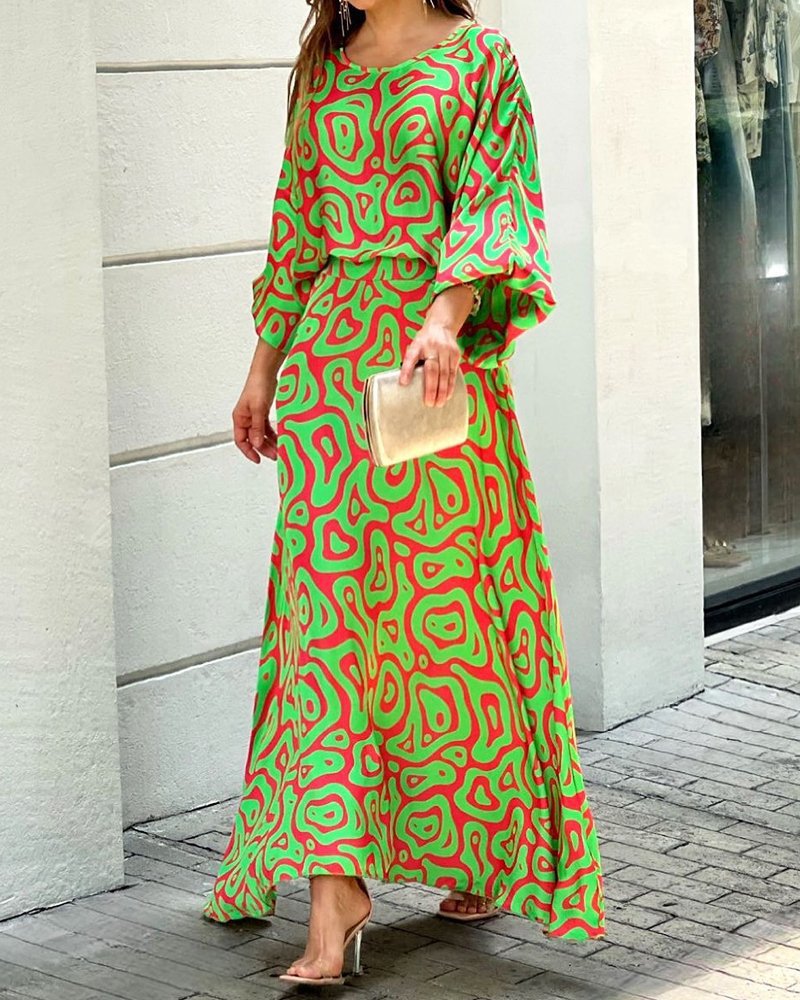 Elegant Round Neck Print Loose Maxi Dress