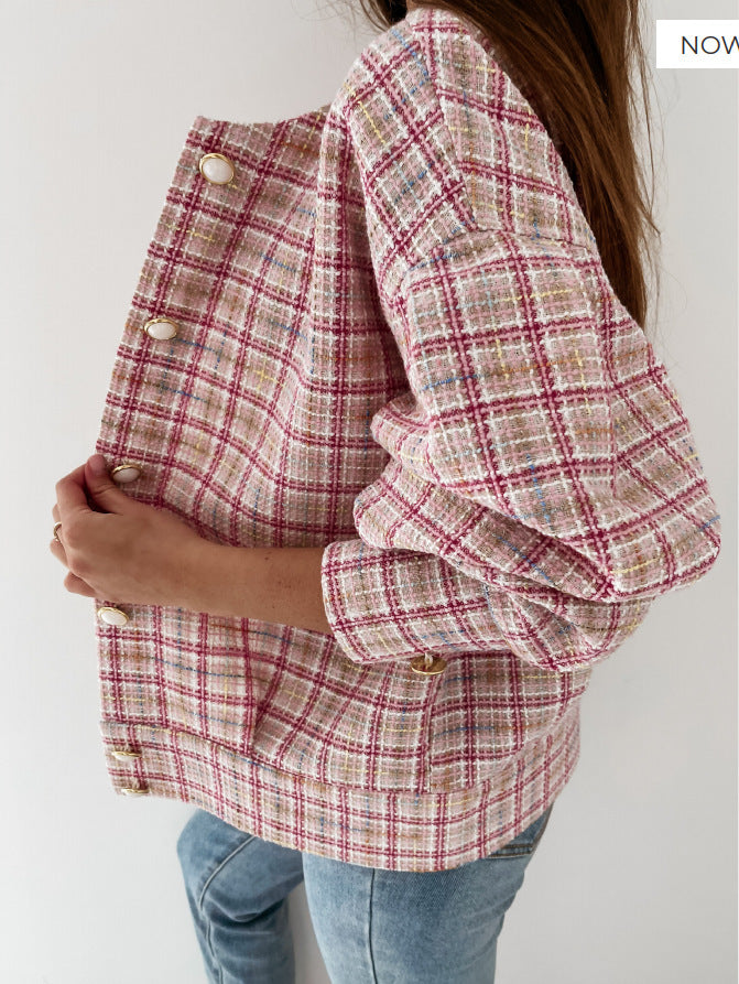 Round Neck Plaid Button Down Blouse Top