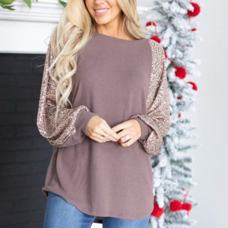 Shinny Loose Solid Color Round Neck Sweatshirt Top