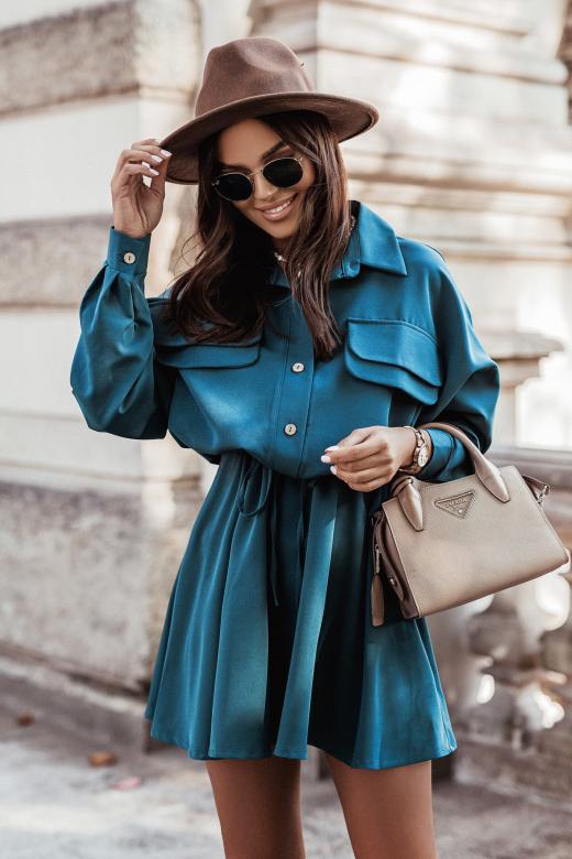 Long Sleeve Button Up Tie Waist Jacket Mini Dress