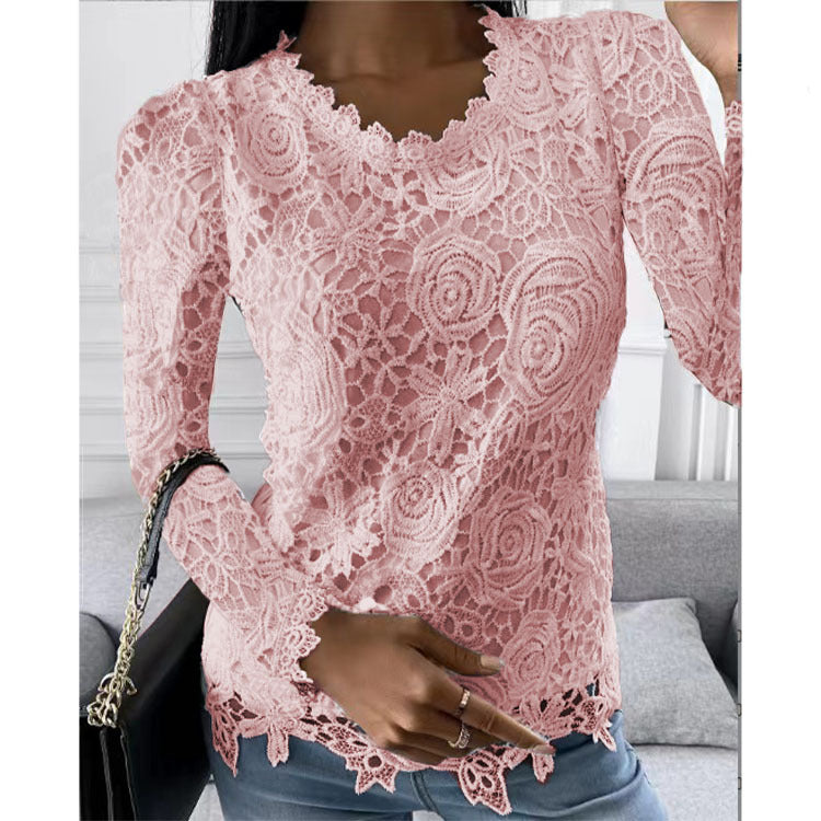 Casual Long Sleeve Lace Round Neck Top