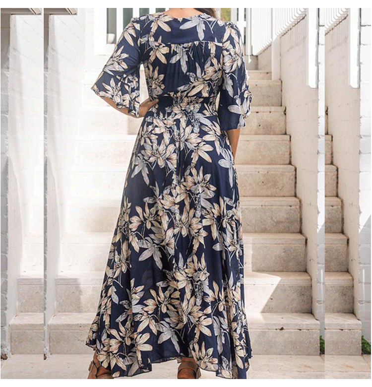 Ruffle Short Sleeve V Neck High Waist Floral Maxi Dress