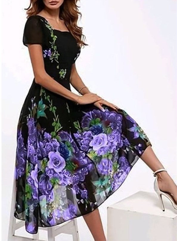 Short Sleeve Square Neck Floral Dress