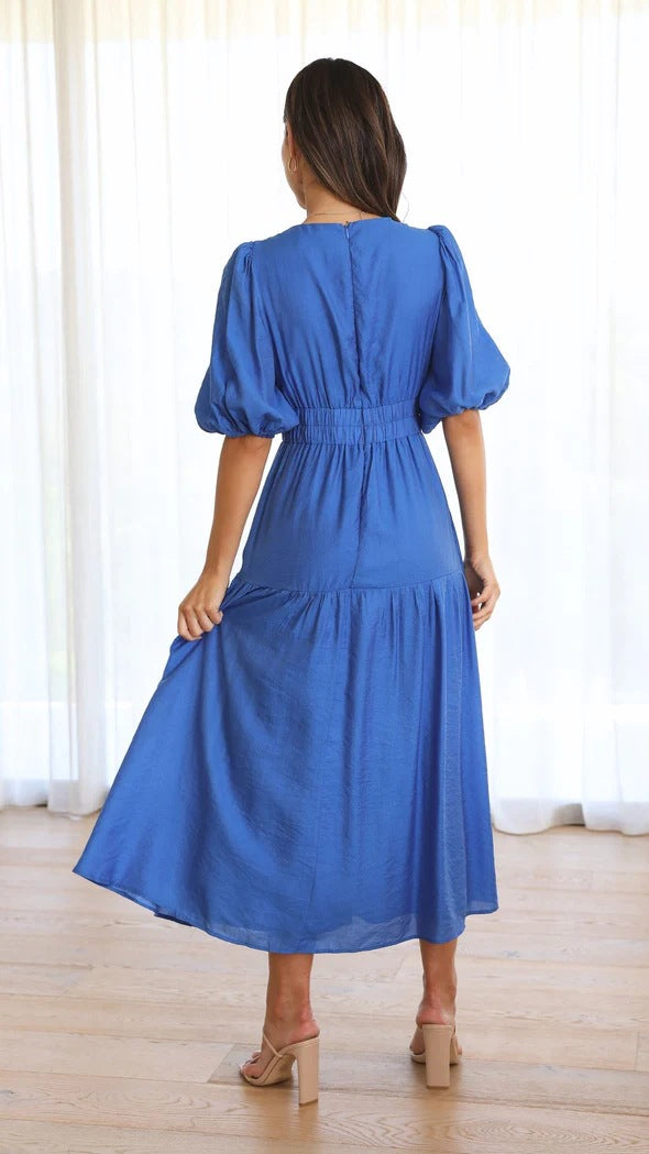 Deep V-Neck Short Sleeve Solid Color Maxi Dress