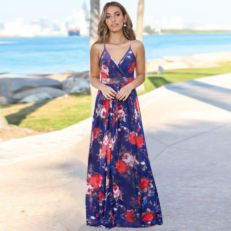 Elegant V-Neck Spaghetti Strap Printed Maxi Dress