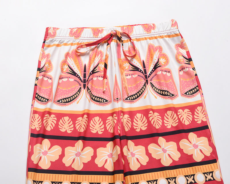 Butter Fly Print Elastic Waist Drawstring Long Pants