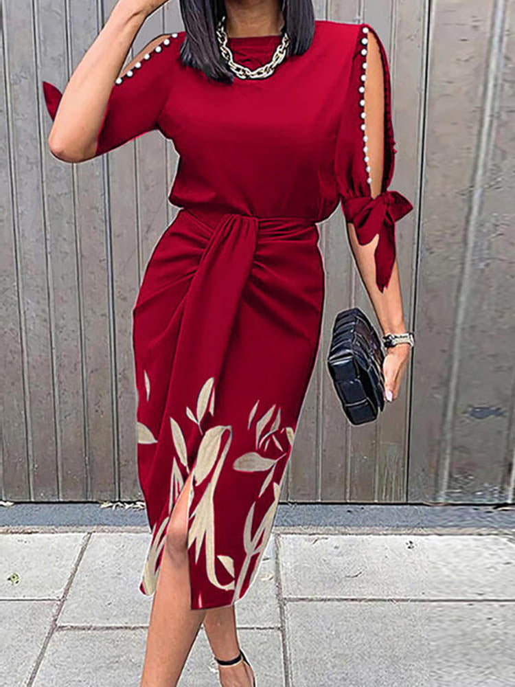 Round Neck Waist Wrap Short Sleeve Midi Dress