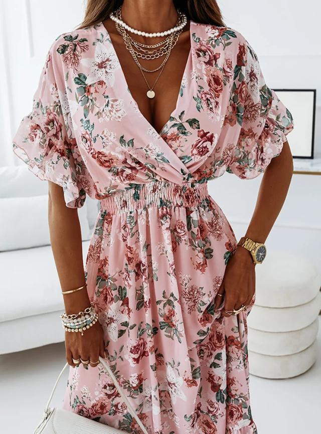 Cross V Neck Elastic Waist Floral Short Sleeve Maxi Dress