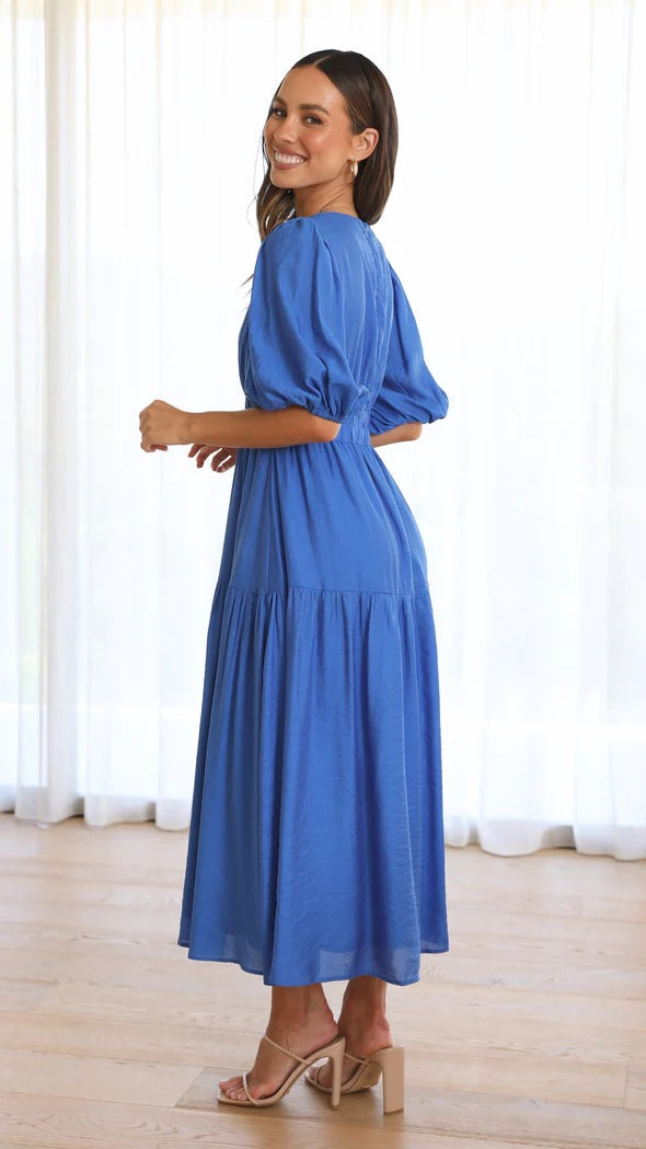 Deep V-Neck Short Sleeve Solid Color Maxi Dress