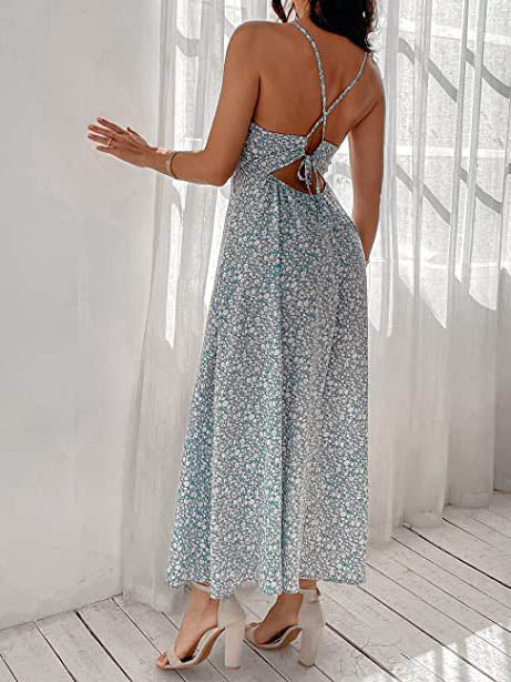 Sleeveless V Neck Flowy Spaghetti Strap Maxi Dress