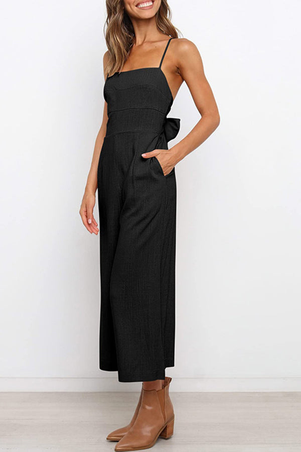 Solid Tie Backless Cropped Jumpsuits