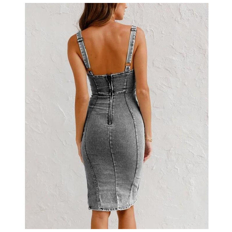 Sleeveless Side Split Bodycon Midi Denim Dress