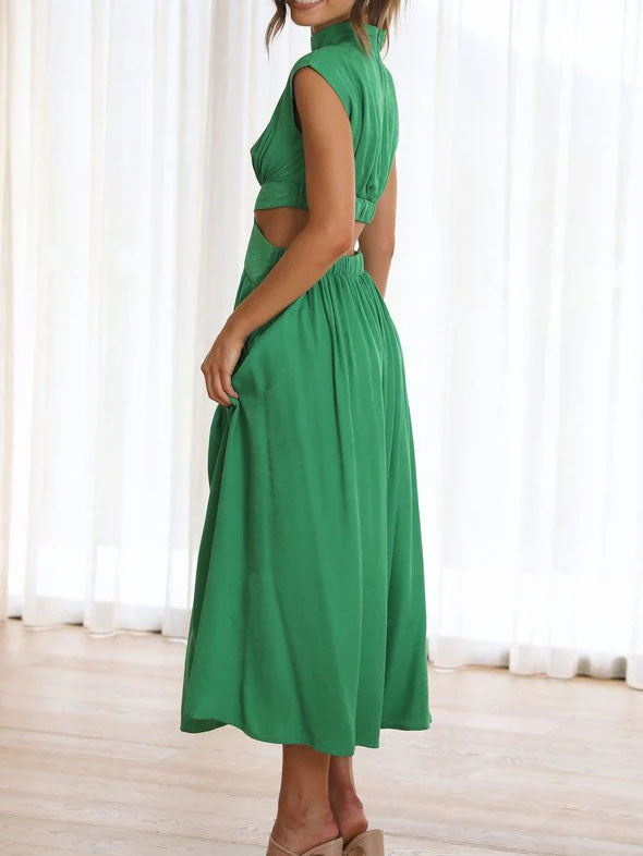 Elegant O-Neck Sleeveless Cut Out Solid Maxi Dress