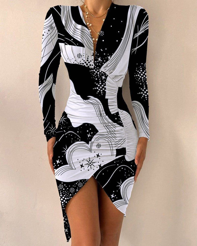 Casual V Neck Long Sleeve Bodycon Mini Dress