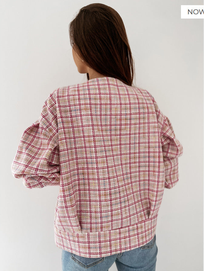 Round Neck Plaid Button Down Blouse Top