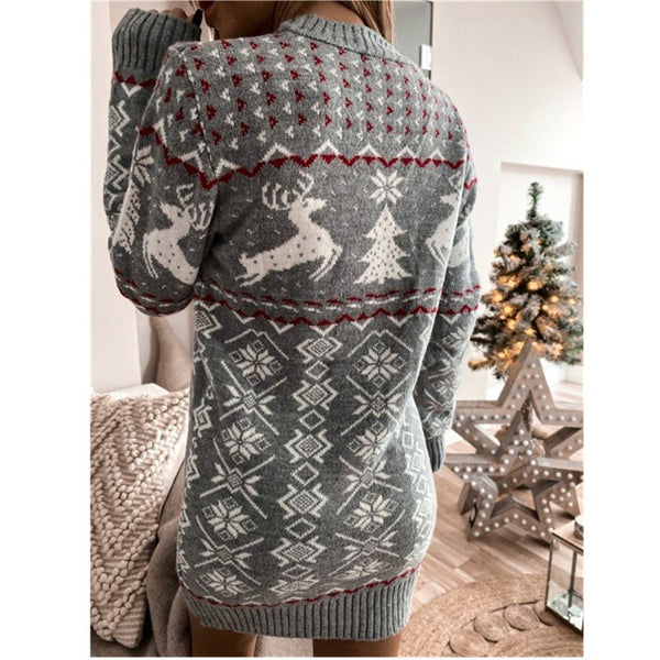 Knitted Christmas Print Crew Neck Long Sweater