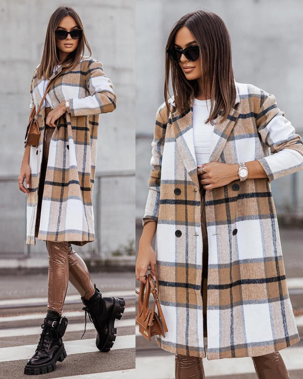 Casual Long Sleeve Plaid Long Woolen Cardigan Jacket