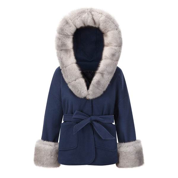 Bubble Faux Fur Tie Waist Front Pocket Coat