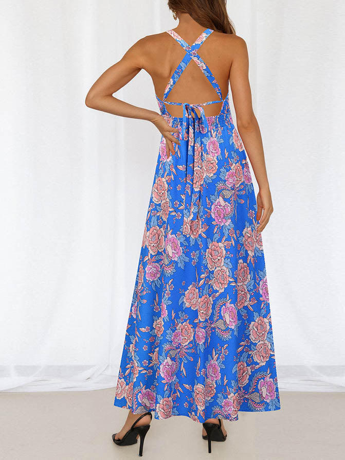 Halter Neck Cross Back SleevelessFloral Maxi Dress