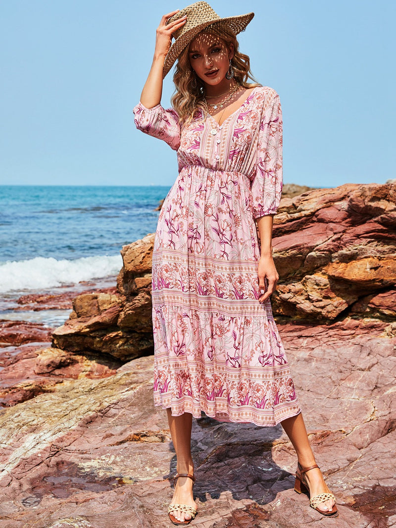 Button Up Elastic Waist Flowy V Neck Maxi Dress